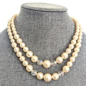Vintage AB Glass Beaded Faux Pearl Double Strand Classic Retro 50s Necklace